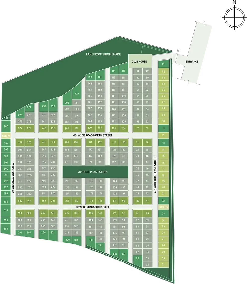 Master layout plan for Woods Indresham showing plots, roads, the lakefront promenade, the avenue plantation and the entrance