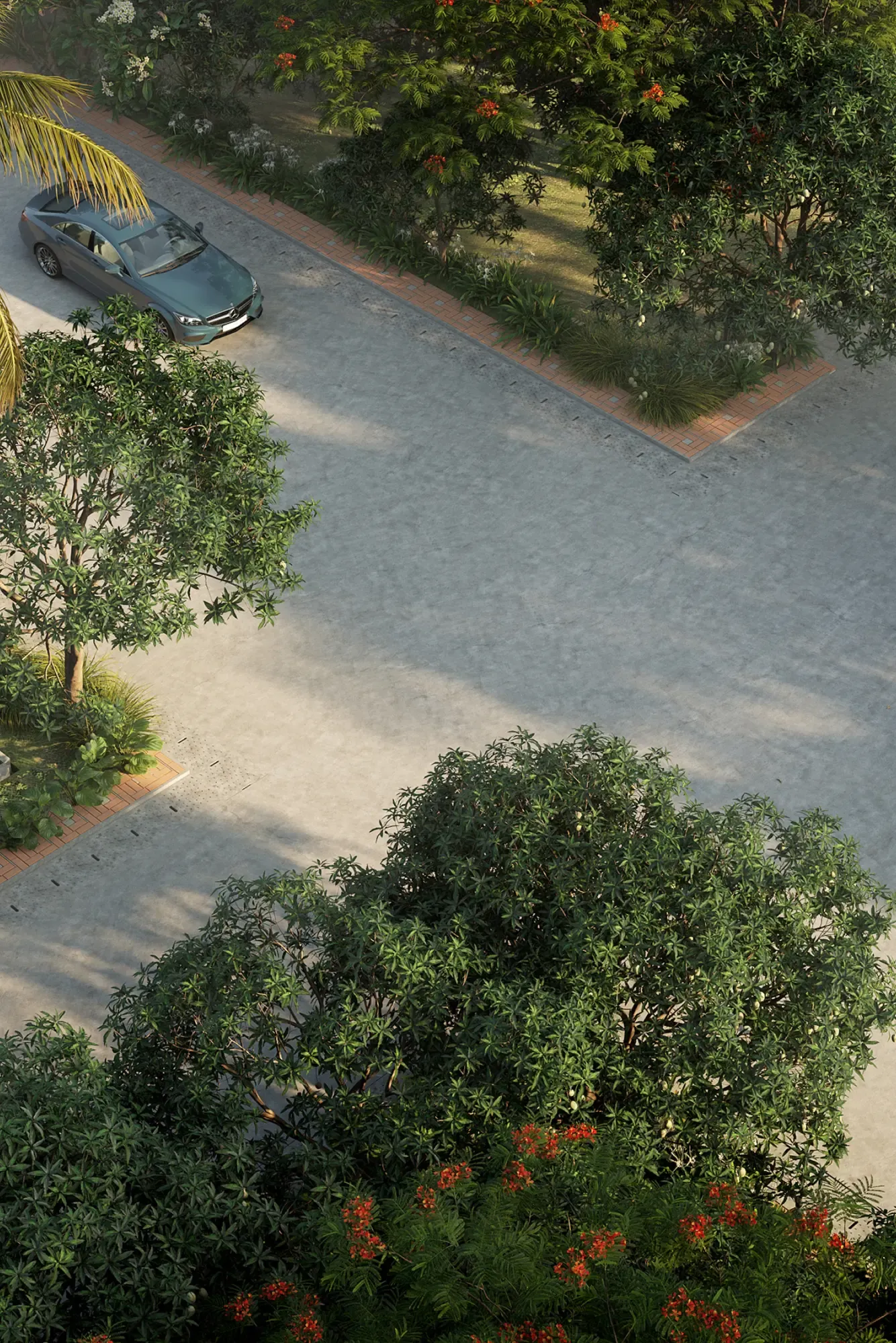 Aerial rendering of a planted driveway at Woods Indresham