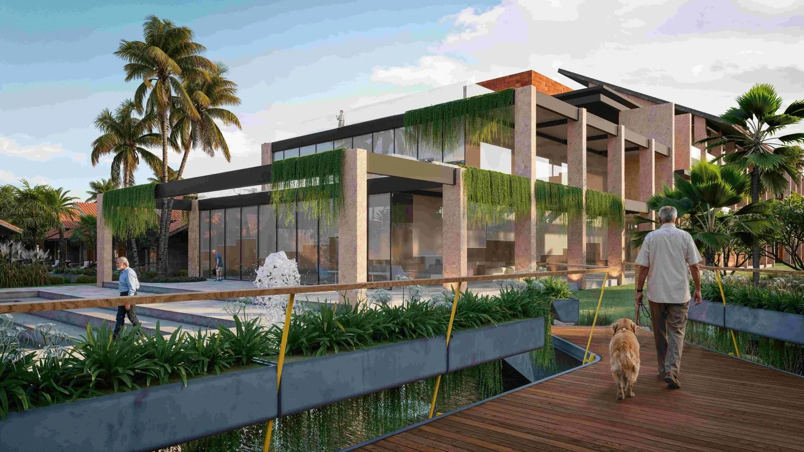 Illustrative clubhouse exterior with a landscaped garden, from another Stonecraft project