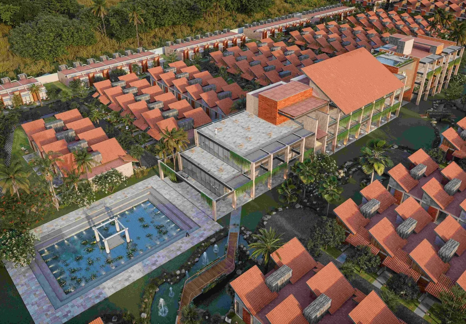 Illustrative aerial view of a clubhouse, pool and villas from another Stonecraft project