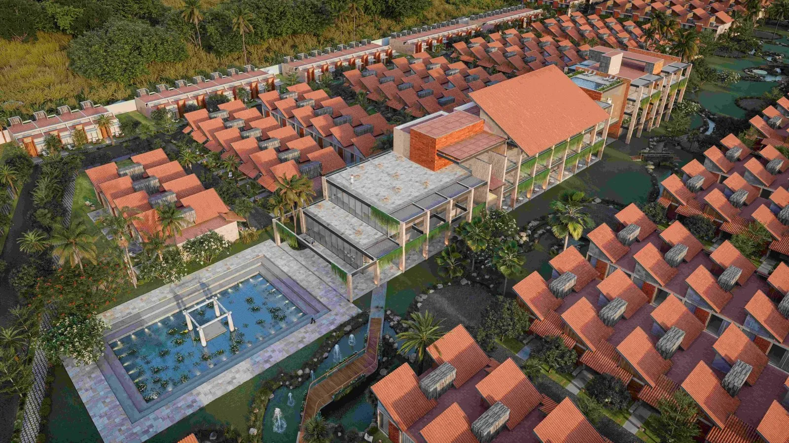 Illustrative aerial view of a clubhouse and villas, from another Stonecraft project