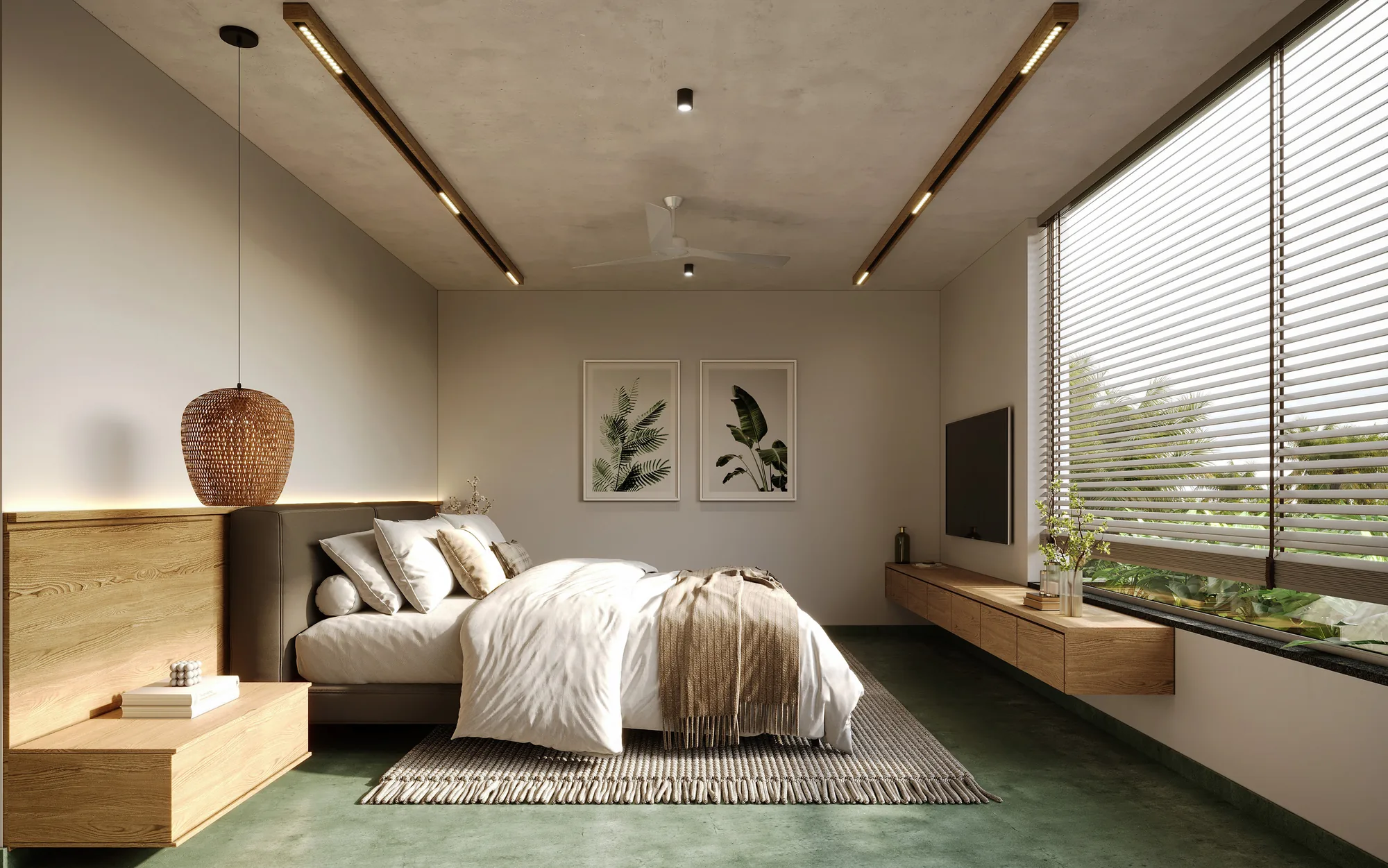 Illustrative bedroom interior rendering at Woods at Banjara Hills