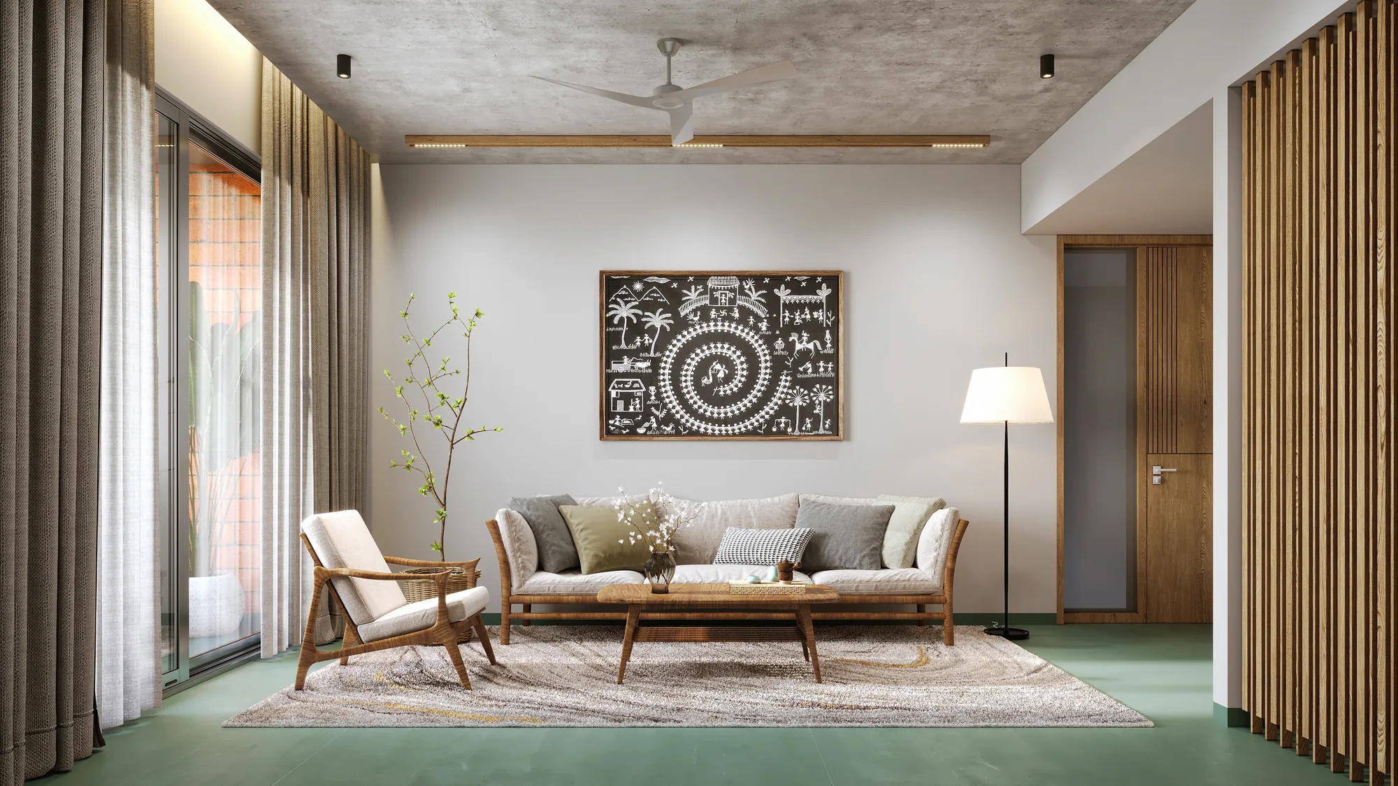 Illustrative living room interior rendering for Woods at Banjara Hills